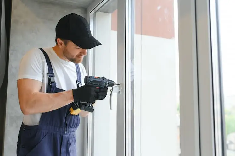 Fabbro al lavoro su riparazione infissi